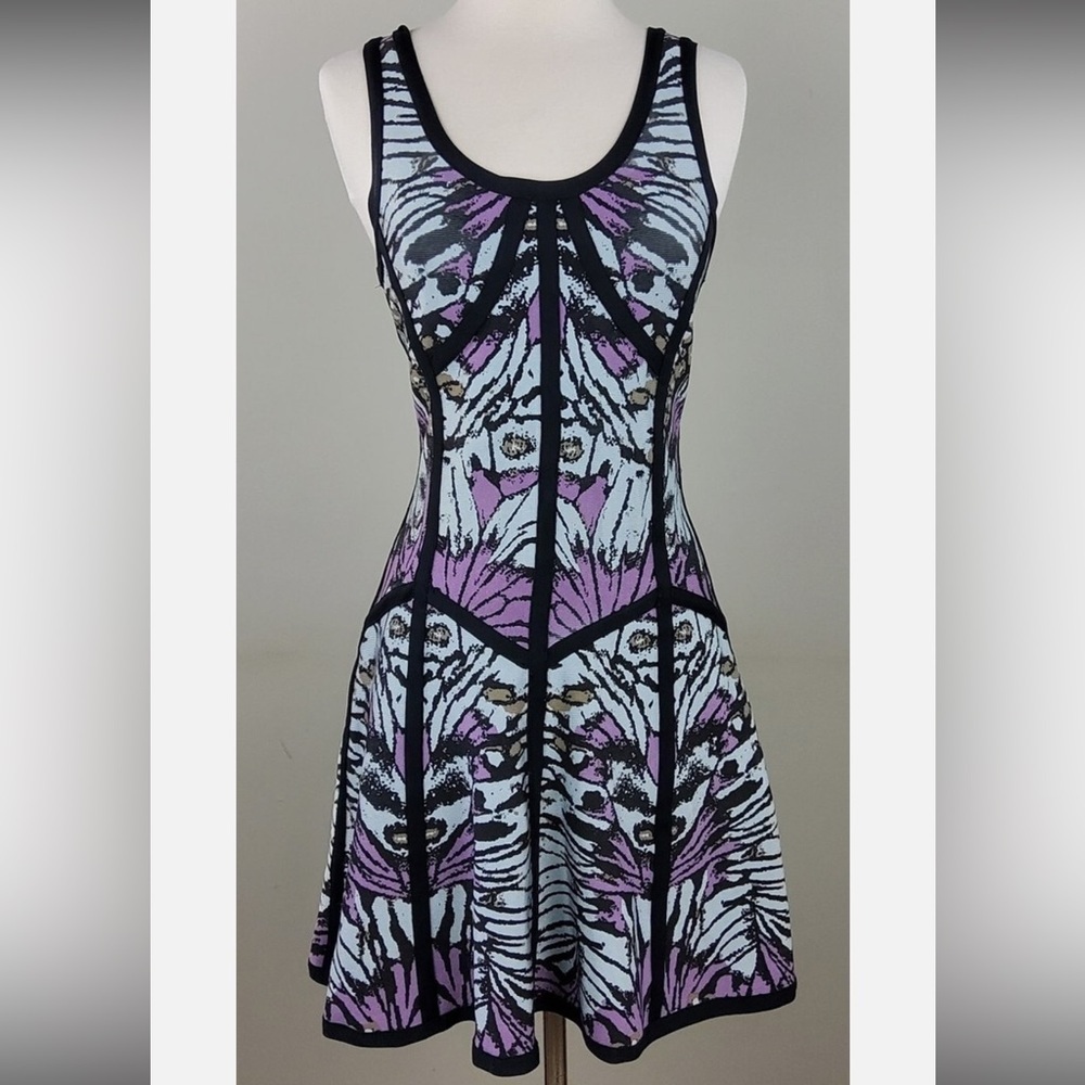 NWOT Herve Leger Black and Aqua Blue Mini Peplum Minj Dress M